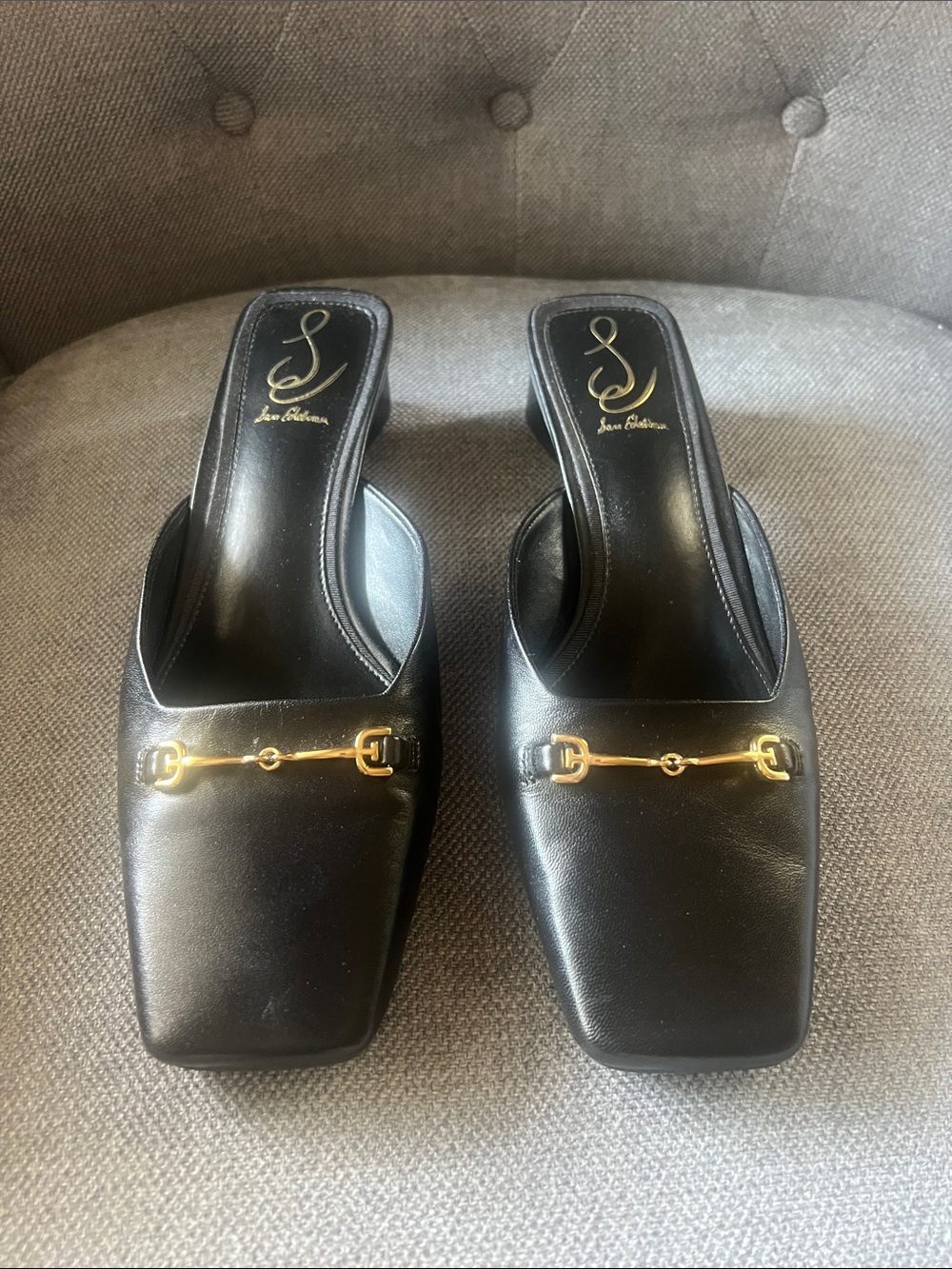 Sam Edelman Black Leather Square-Toe Slide Heels with Gold Bit Accent